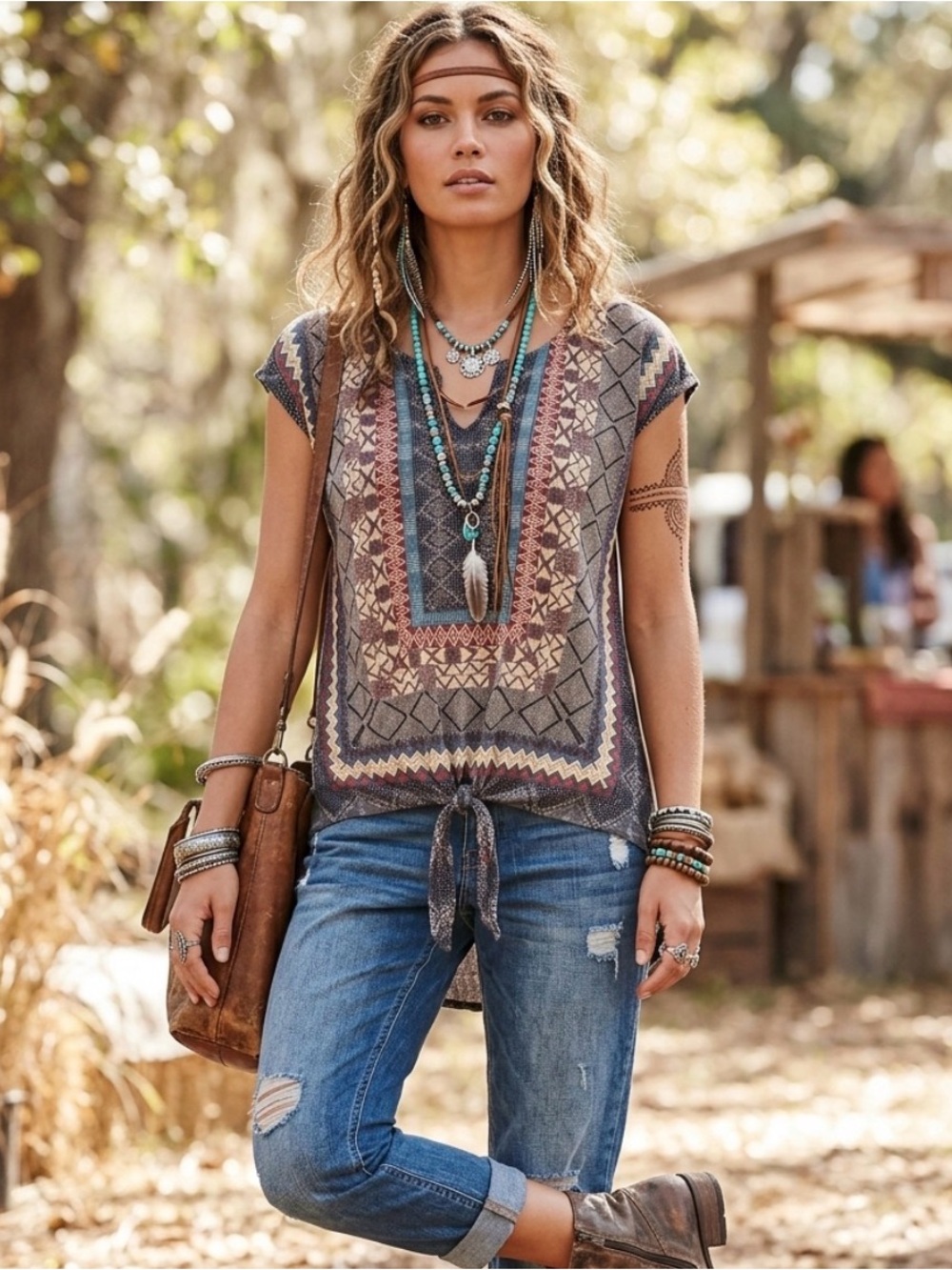 Lucky Brand Heathered Navy Sleeveless Top with Subtle Print